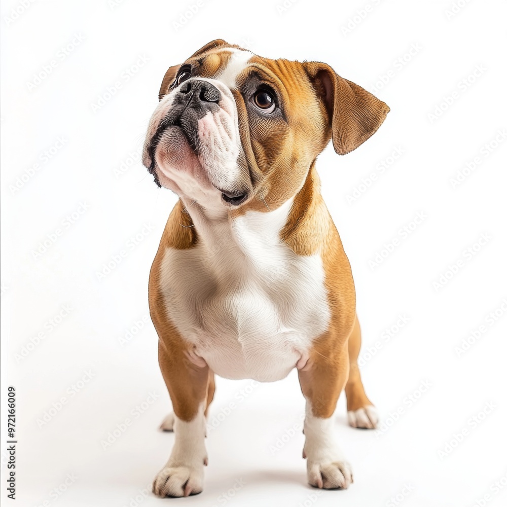 A cute brown and white bulldog puppy looking up at something with an inquisitive expression. A cute brown and white bulldog puppy looking up at something with an inquisitive expression.