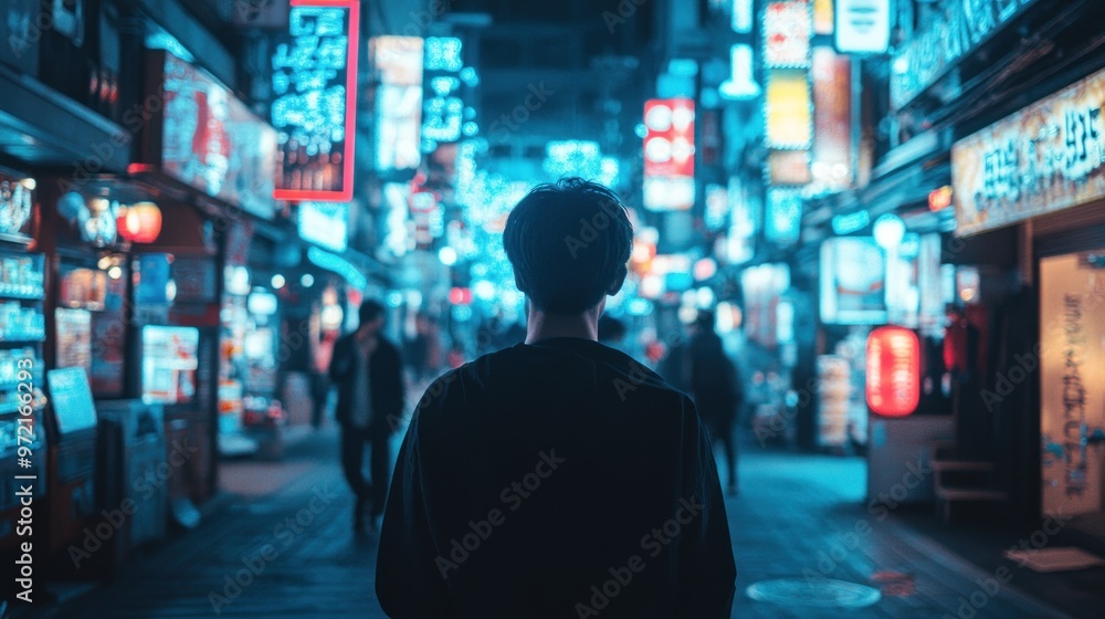 A person stands in a vibrant, neon-lit street, surrounded by bustling nightlife. A person stands in a vibrant, neon-lit street, surrounded by bustling nightlife.