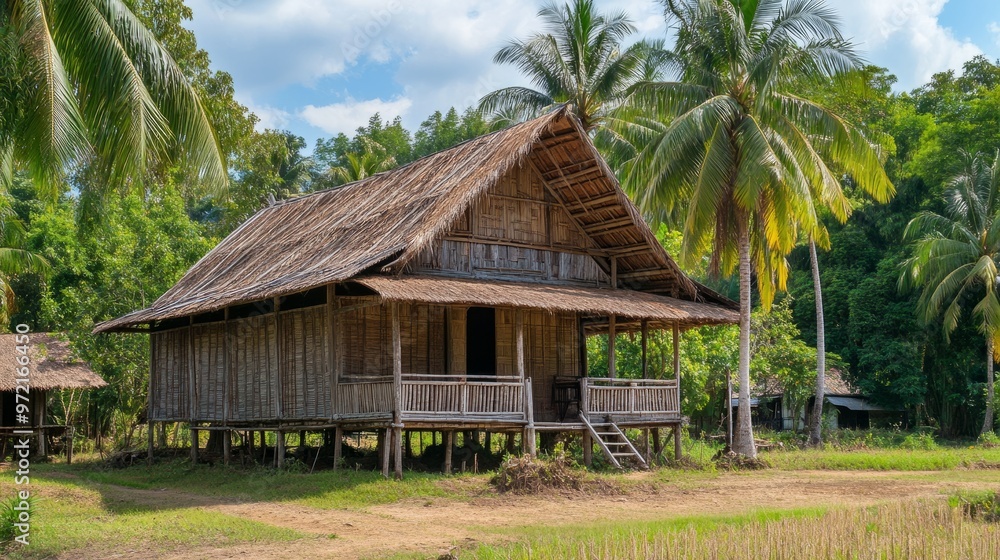 A traditional Thai food stall selling grilled sticky rice with coconut milk, banana leaves wrapping the delicate portions on a rustic wooden table. A traditional Thai food stall selling grilled sticky rice with coconut milk, banana leaves wrapping the delicate portions on a rustic wooden table.