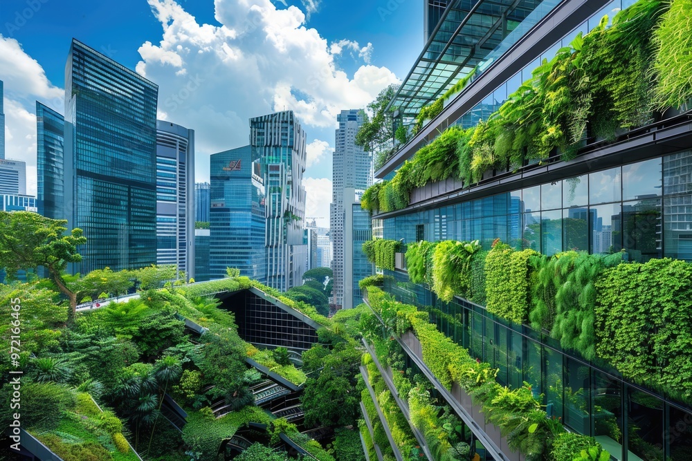 Fototapeta premium Green financial district with eco-friendly buildings, representing sustainable finance