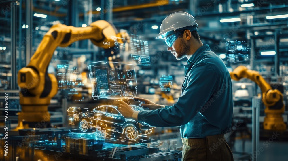 Very realistic and photographic photo of an engineer working in a modern electric vehicle factory, surrounded by futuristic holographic displays showing data on robotic arms. The metallic gold and Very realistic and photographic photo of an engineer working in a modern electric vehicle factory, surrounded by futuristic holographic displays showing data on robotic arms. The metallic gold and
