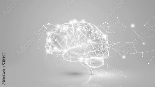 Brain illustration with digital connections, symbolizing intelligence and technology, on a light gray background The design features glowing lines and nodes, representing neural networks