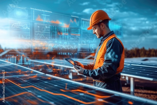 Wallpaper Mural Very realistic and photographic photo of an engineer using a tablet at a solar farm, surrounded by futuristic holographic displays featuring intricate graphs and charts. The strategic theme is Torontodigital.ca