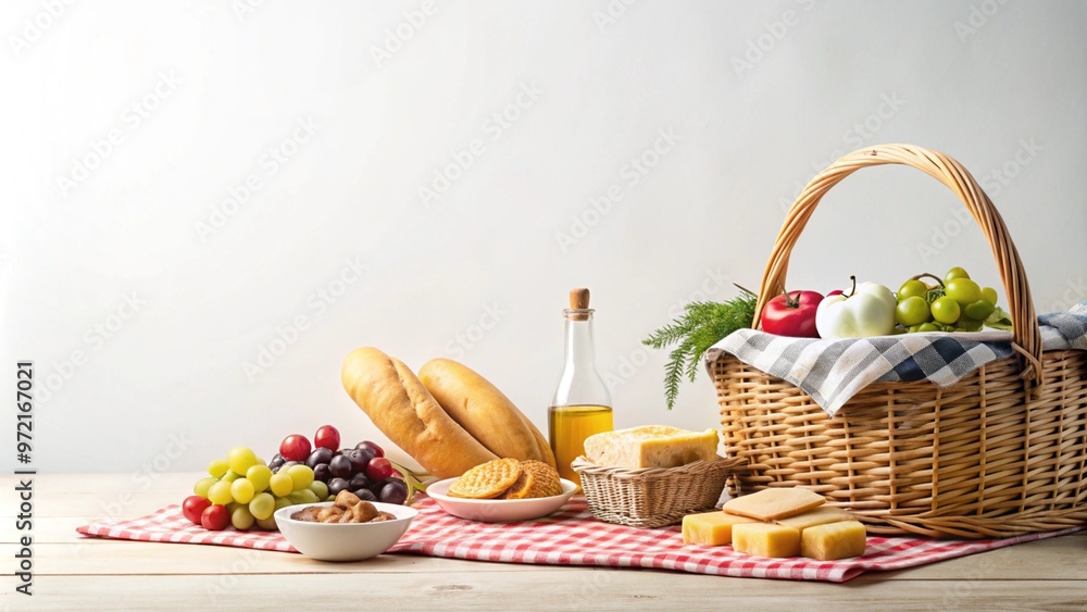 Picnic Basket with Fresh Fruit, Cheese, and Bread on a Checkered Cloth Picnic Basket with Fresh Fruit, Cheese, and Bread on a Checkered Cloth