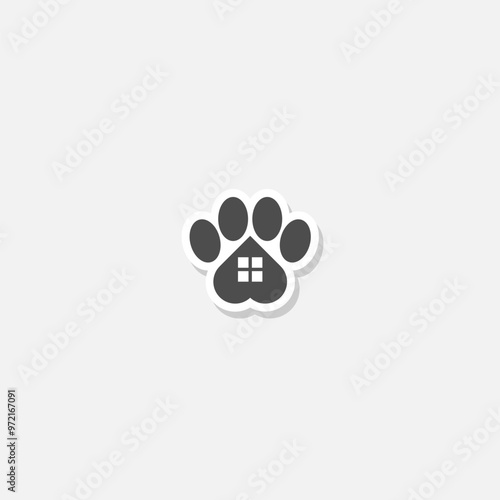 Paw print house icon sticker isolated on gray background
