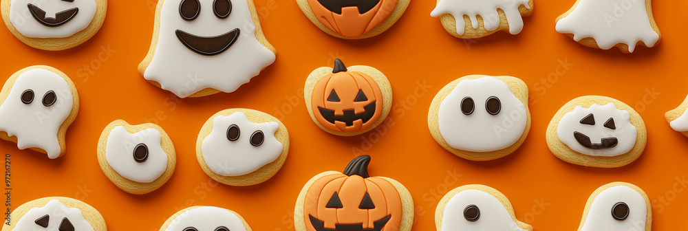 A pattern of cookies in the shape of smiling ghosts and pumpkins on an orange background. Halloween pattern A pattern of cookies in the shape of smiling ghosts and pumpkins on an orange background. Halloween pattern