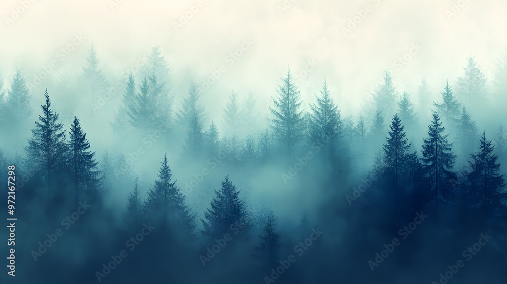 A misty morning forest scene with grainy gradients transitioning from deep blues to soft greens, evoking tranquility A misty morning forest scene with grainy gradients transitioning from deep blues to soft greens, evoking tranquility