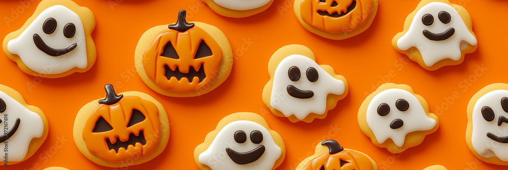 A pattern of cookies in the shape of smiling ghosts and pumpkins on an orange background. Halloween pattern A pattern of cookies in the shape of smiling ghosts and pumpkins on an orange background. Halloween pattern