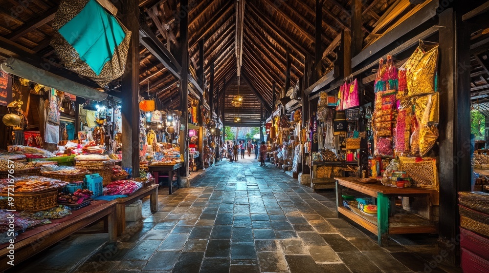 Naklejka premium A centuries-old Thai market hall with wooden beams, stone floors, and intricate wall carvings, filled with local vendors