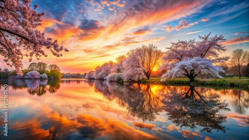 Spectacular Sunset Over Cherry Blossom Trees Reflecting on Calm Lake