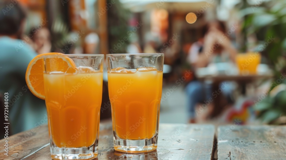 Two glasses of orange juice on a table with people in the background Two glasses of orange juice on a table with people in the background