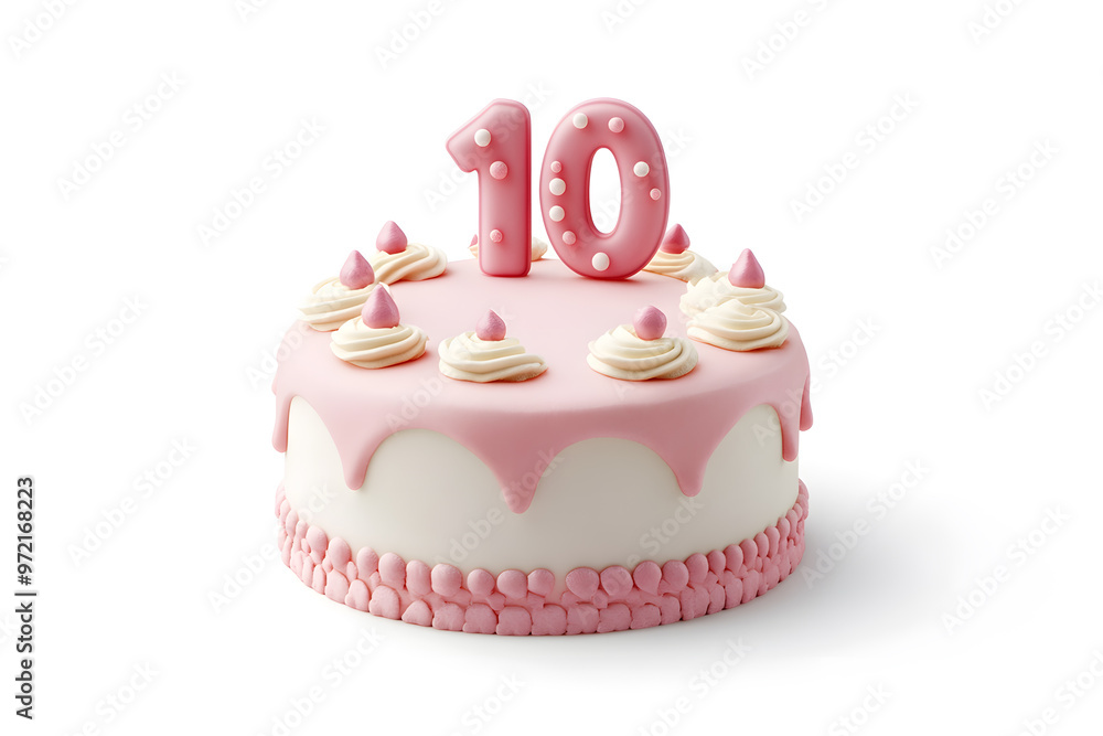 3D Birthday cake with number 10 isolated on white background