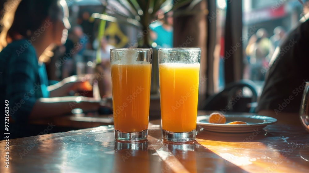 Two glasses of orange juice on a table with people in the background Two glasses of orange juice on a table with people in the background
