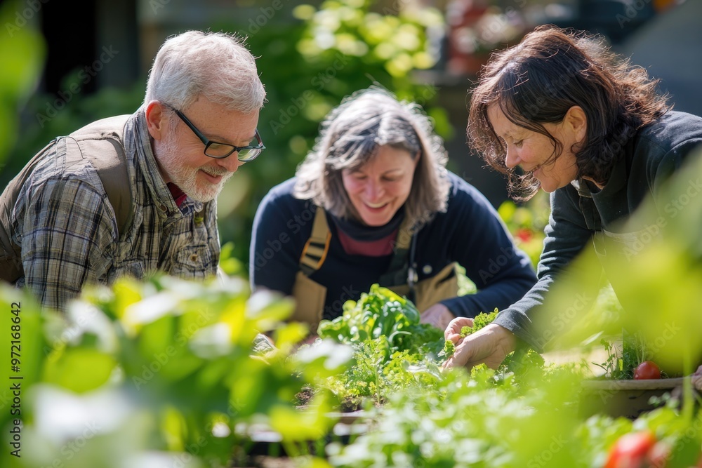 A senior couple in a gardening workshop, learning how to plant and care for a vegetable garden, with the instructor providing guidance A senior couple in a gardening workshop, learning how to plant and care for a vegetable garden, with the instructor providing guidance