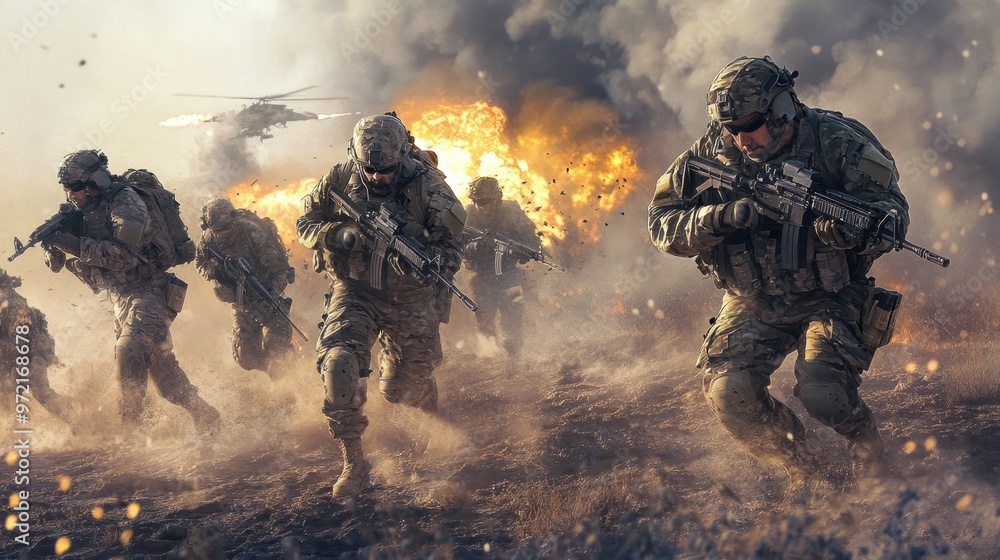 Soldiers advancing through smoke and explosions in a combat scenario. Soldiers advancing through smoke and explosions in a combat scenario.