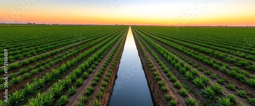 Lush green fields at sunset with irrigation channels stretching towards the horizon