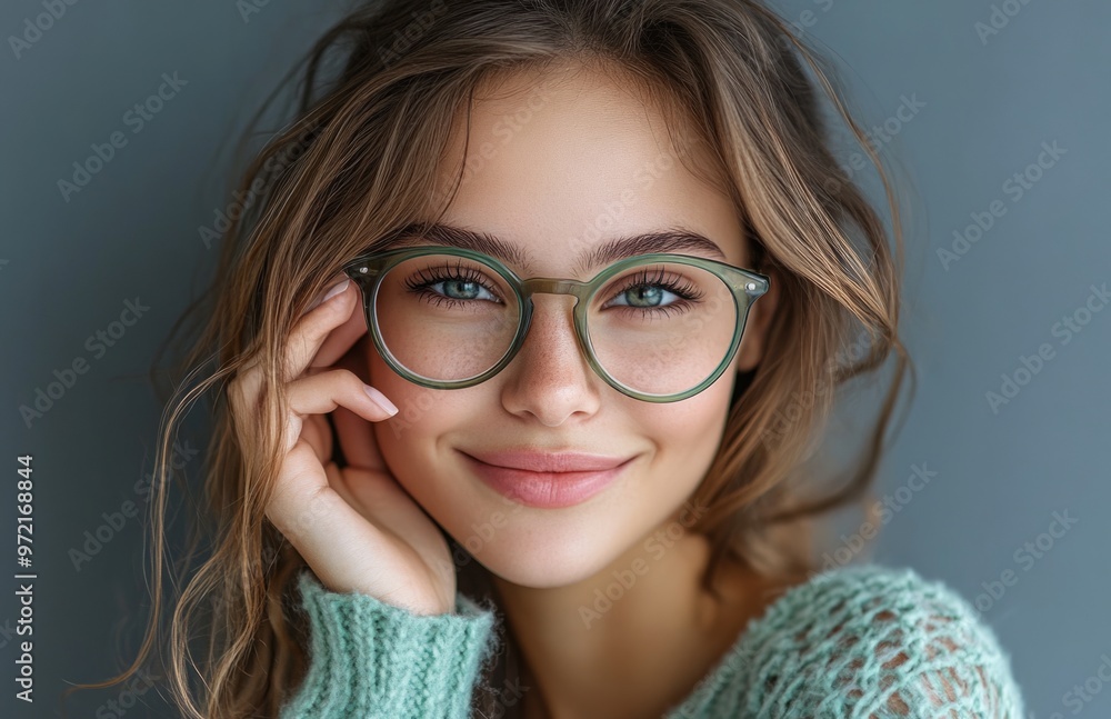 A smiling young woman in glasses, isolated, touches her eye in frame A smiling young woman in glasses, isolated, touches her eye in frame
