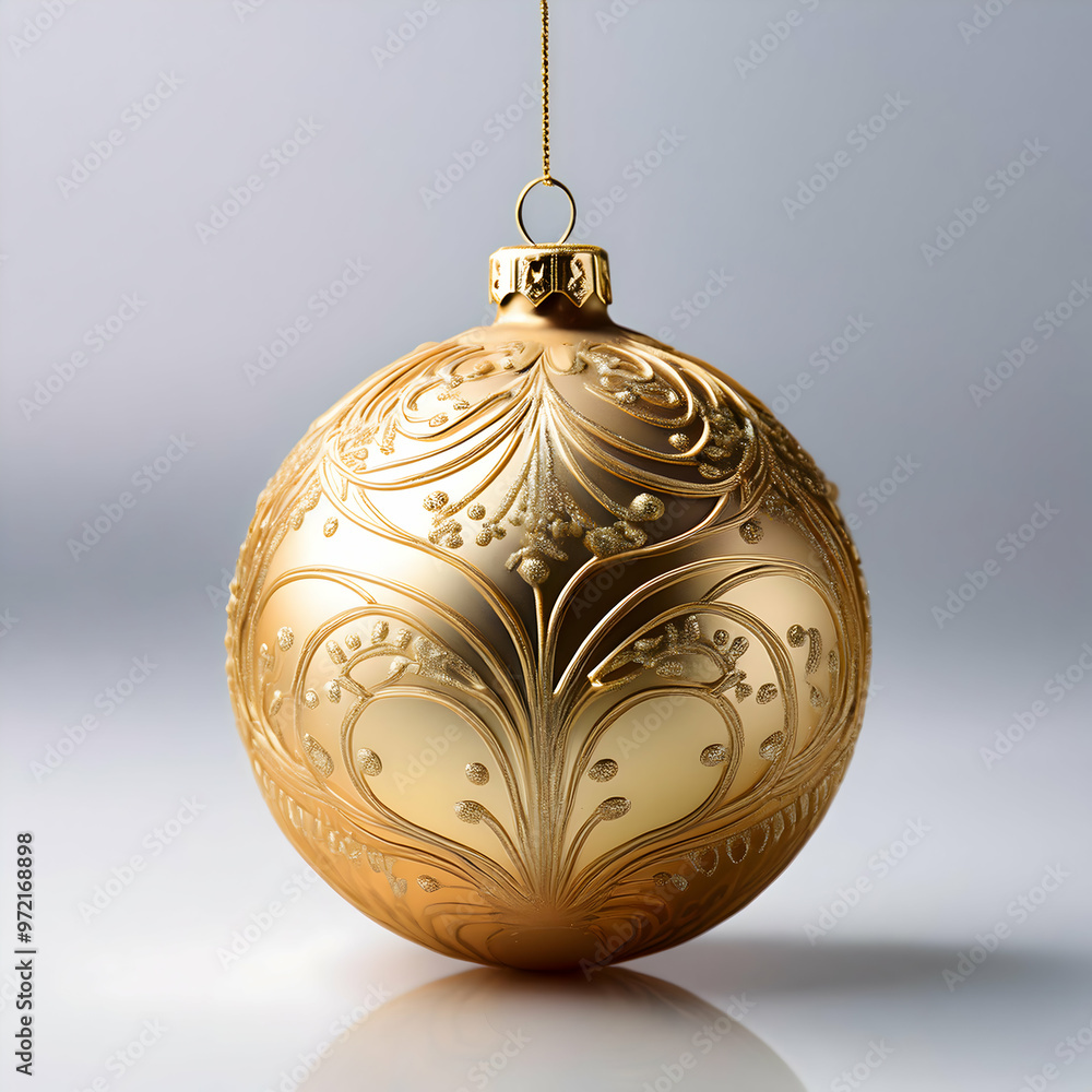 golden christmas ball.A single, shiny gold Christmas ball with intricate patterns, floating against a soft white background with gentle light reflections, creating a festive and elegant feel golden christmas ball.A single, shiny gold Christmas ball with intricate patterns, floating against a soft white background with gentle light reflections, creating a festive and elegant feel
