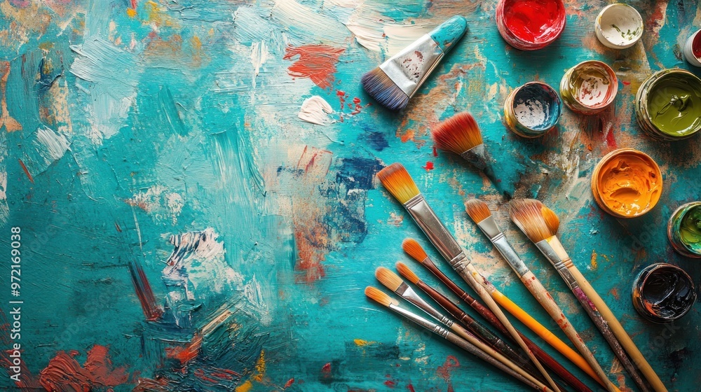Fototapeta premium A vibrant artist's workspace with paint, brushes, and colorful strokes on a canvas.