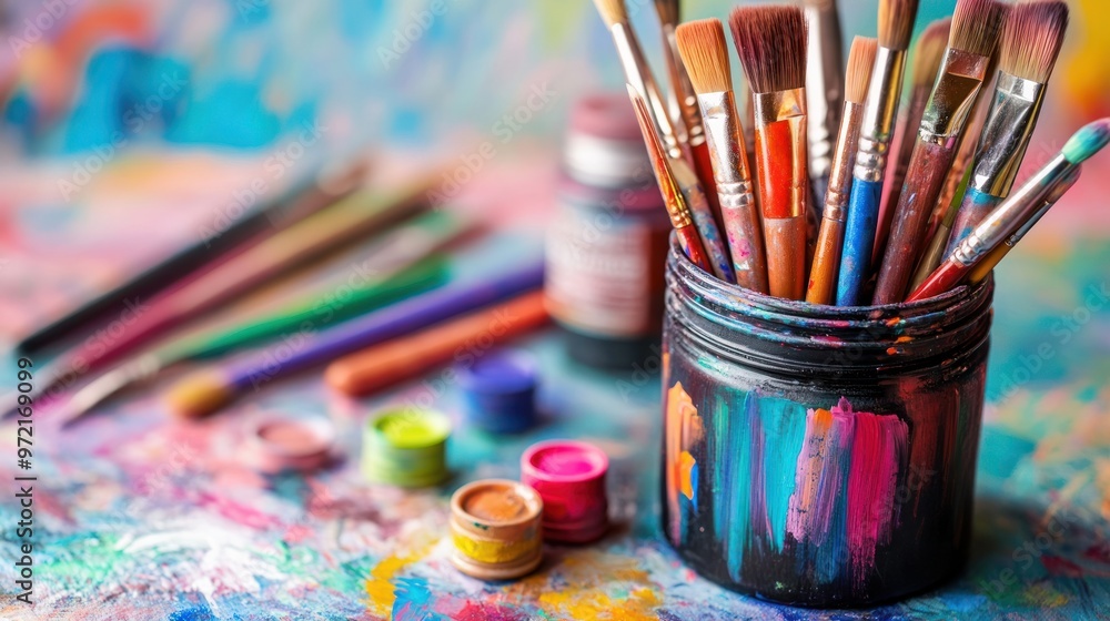 A collection of colorful paintbrushes and paints on a vibrant artistic backdrop. A collection of colorful paintbrushes and paints on a vibrant artistic backdrop.