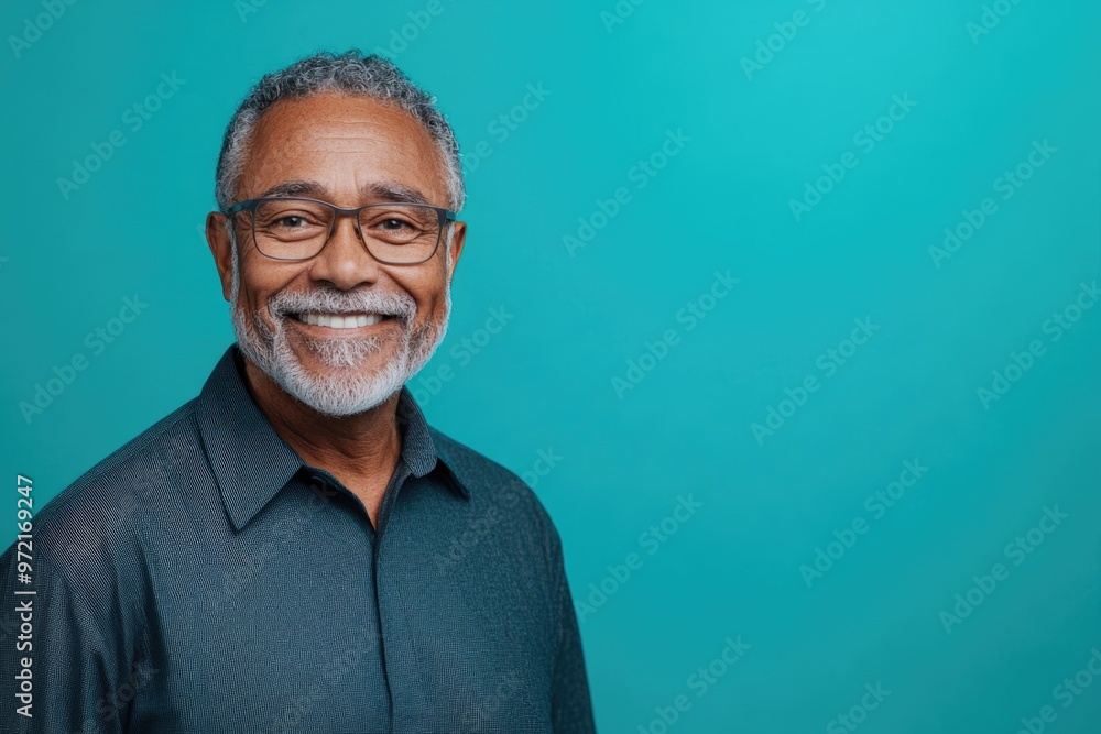 Obraz premium Senior male presenter with a kind smile, standing against a solid turquoise background with ample room for text
