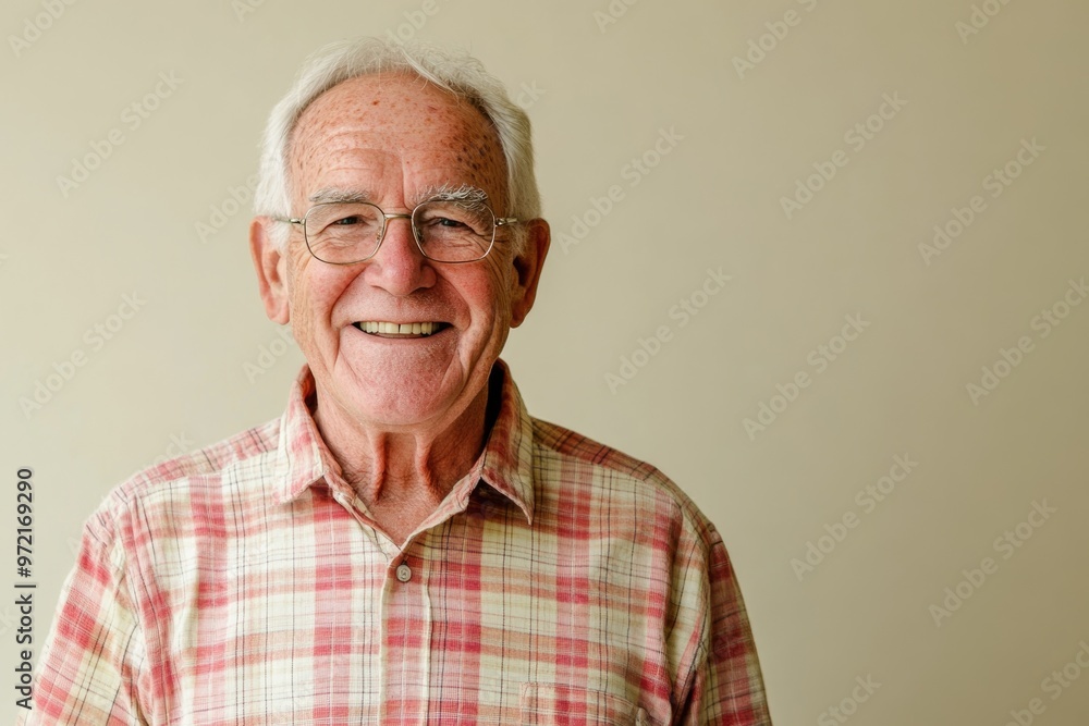 Elderly man in a checked shirt, smiling, standing against a solid cream background with space for messaging Elderly man in a checked shirt, smiling, standing against a solid cream background with space for messaging