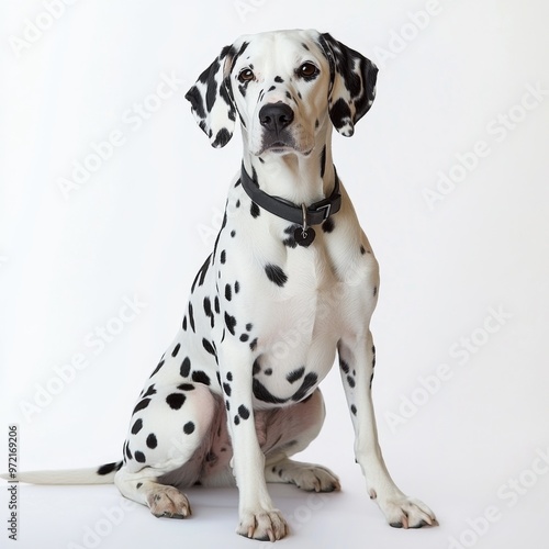 A Dalmatian dog sits on a white background, looking directly at the camera.