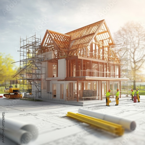 Architectural blueprint of a house under construction with workers and materials in daylight photo