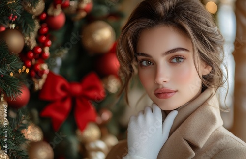 Elegant woman in beige coat and white gloves, with festive New Year's decorations in the background