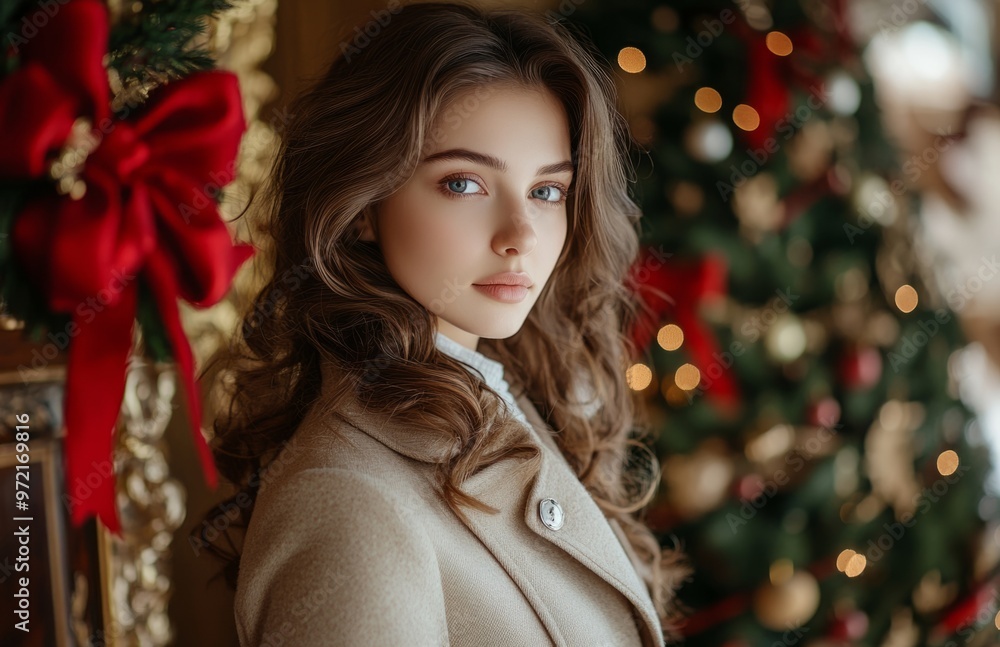Elegant woman in beige coat and white gloves, with festive New Year's decorations in the background Elegant woman in beige coat and white gloves, with festive New Year's decorations in the background