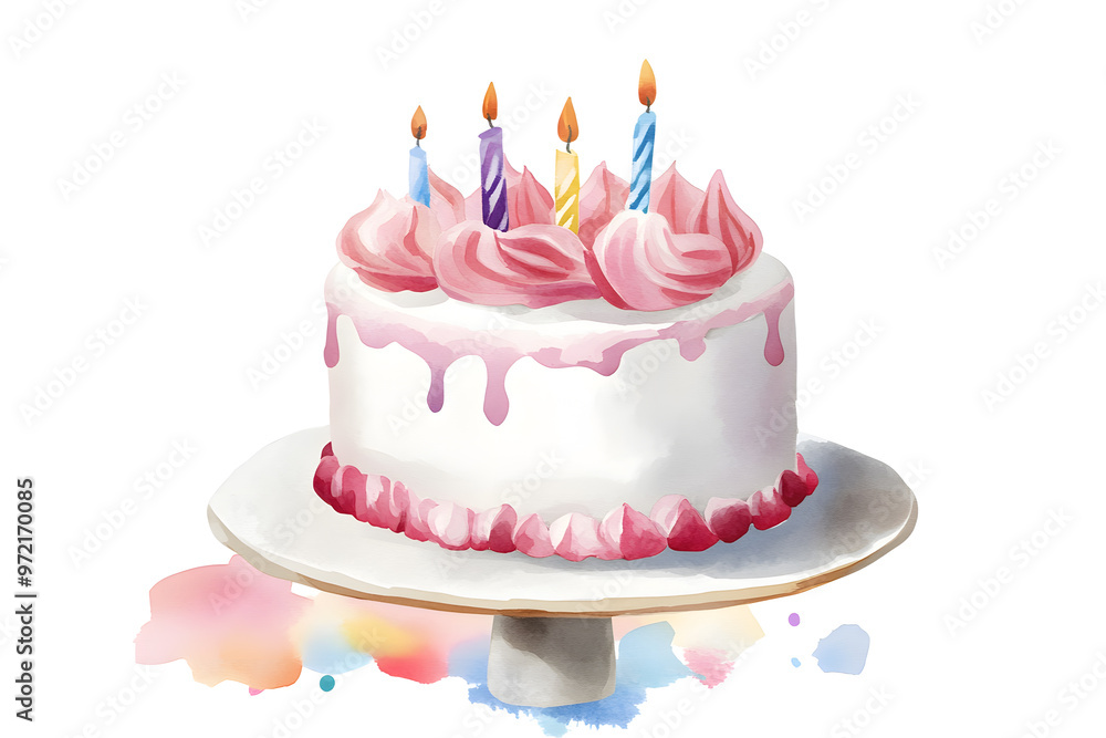 Birthday cake with red berries and candles watercolor illustration isolated on white background Birthday cake with red berries and candles watercolor illustration isolated on white background