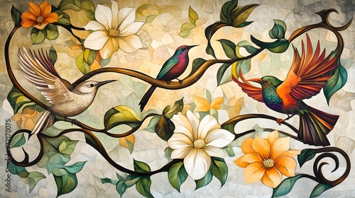 A dynamic Art Nouveau mural depicting flowing vines, birds, and flowers in a harmonious blend of colors
