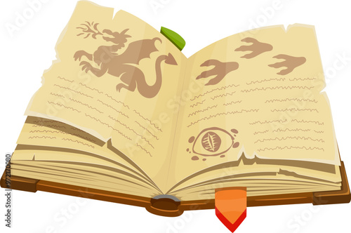 Medieval ancient spellbook or magic book game icon with dragons, vector ancient manuscript. Cartoon magic spell book of wizard mystery or witchcraft with dragon monsters for fantasy adventure game