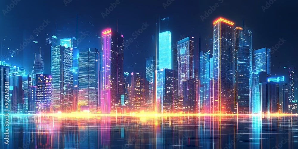 Futuristic financial district skyline, neon lights symbolizing business growth and innovation
Futuristic financial district skyline, neon lights symbolizing business growth and innovation
