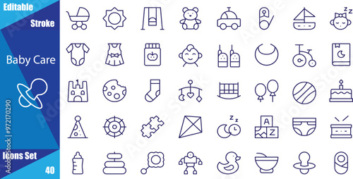 Baby care editable stroke outline icons set isolated on white background flat vector illustration