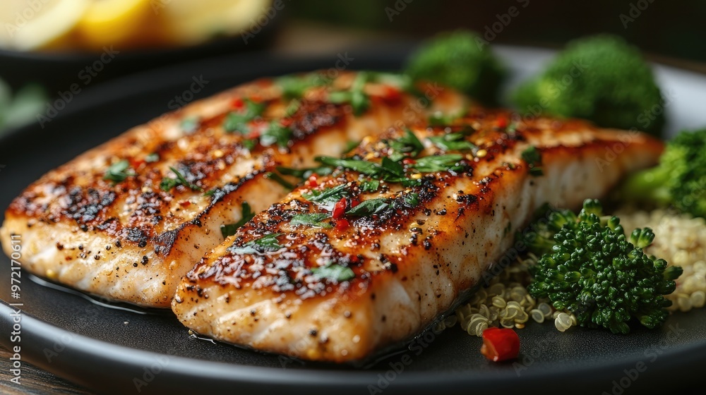 Delicious Grilled Mackerel Served with Quinoa and Fresh Steamed Broccoli for Healthy Meal Options Delicious Grilled Mackerel Served with Quinoa and Fresh Steamed Broccoli for Healthy Meal Options