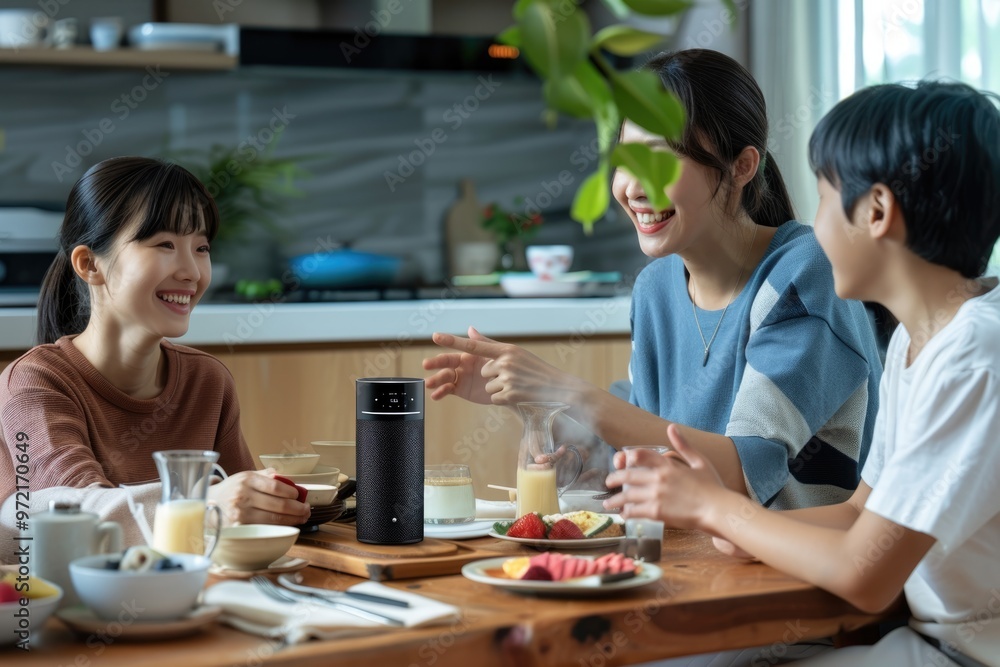 Family interacting with a virtual assistant to check the news and play music while enjoying breakfast, blending technology seamlessly into their daily routine Family interacting with a virtual assistant to check the news and play music while enjoying breakfast, blending technology seamlessly into their daily routine