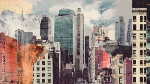 A collage combining different architectural elements, like vintage buildings, modern skyscrapers, and natural landscapes