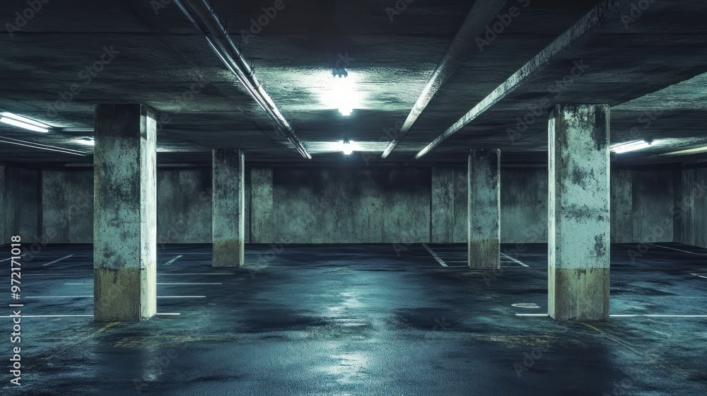 A dimly lit, empty underground parking garage with concrete pillars and wet floor. A dimly lit, empty underground parking garage with concrete pillars and wet floor.