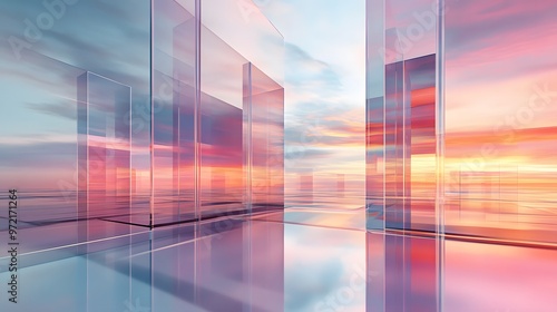 A conceptual image featuring glassmorphism elements like floating glass panels with blurred edges and reflections