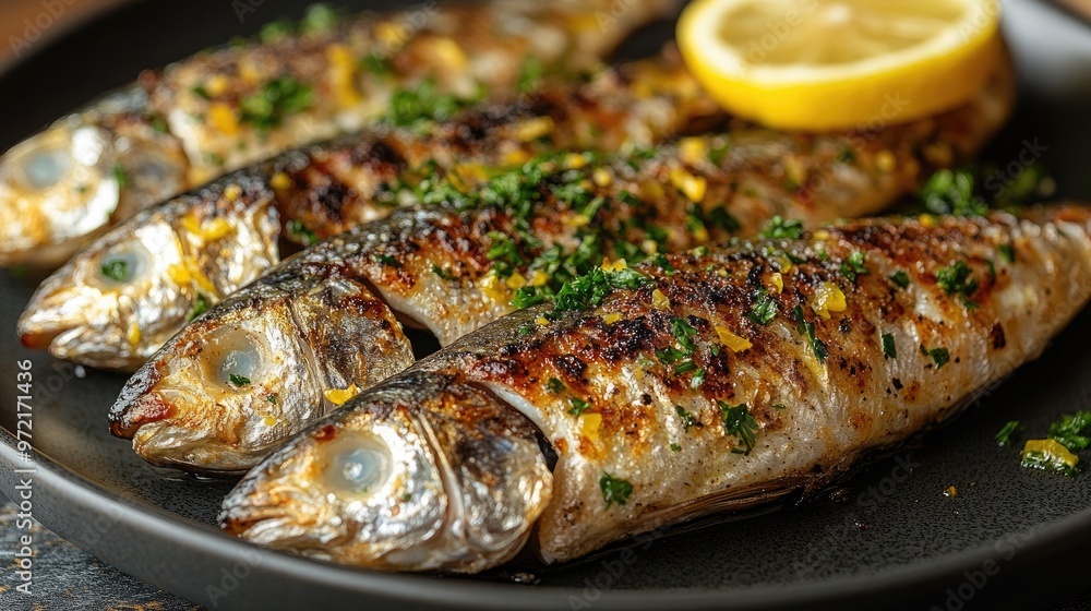Deliciously Grilled Sardines Served on a Plate with Fresh Lemon Slices for an Appetizing Meal Experience Deliciously Grilled Sardines Served on a Plate with Fresh Lemon Slices for an Appetizing Meal Experience