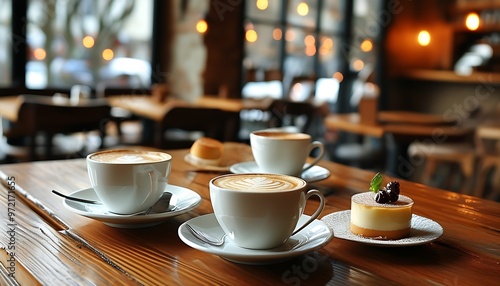 In the cozy cafe, light shines through the windows on the wooden table. There are several cups of coffee and exquisite desserts on the table, creating a relaxing atmosphere.