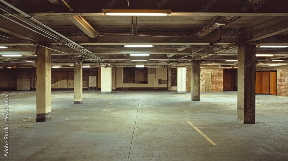 Naklejka premium A spacious, empty underground parking garage with concrete pillars and overhead lights.