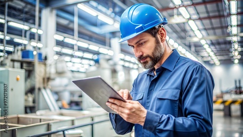 Worker reviewing quality inspection reports on a tablet while examining a product sample, [quality control], [digital quality management] photo