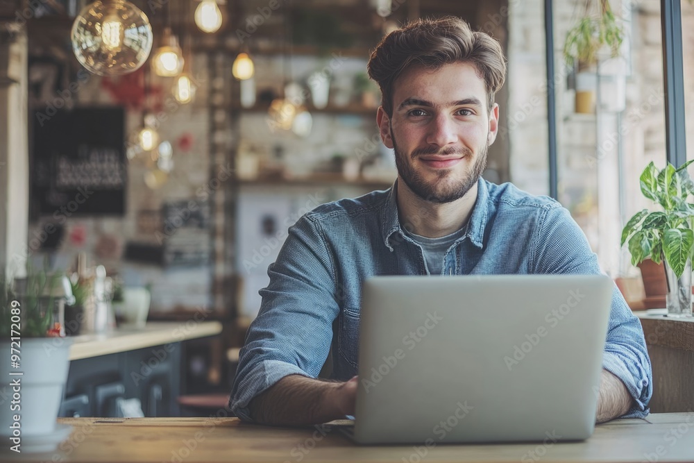 High-resolution brightly lit photorealistic candid photograph of a young professional man enjoying his work on a laptop in a stylish office. The photograph is styled like a high-end lifestyle High-resolution brightly lit photorealistic candid photograph of a young professional man enjoying his work on a laptop in a stylish office. The photograph is styled like a high-end lifestyle