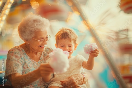 Wallpaper Mural High-resolution brightly lit photorealistic candid photograph of a grandmother and grandchild enjoying a fun day at a local carnival, riding the Ferris wheel and eating cotton candy. The photograph Torontodigital.ca