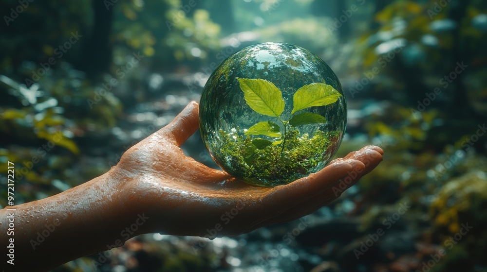 A Person Holding a Green Earth Ball Surrounded by Lush Forest for Earth Day Awareness Campaigns A Person Holding a Green Earth Ball Surrounded by Lush Forest for Earth Day Awareness Campaigns