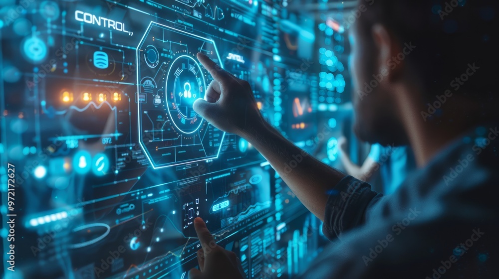 Business Man pushing on a touch screen interface Data Programming concept. Virtual machine Business Man pushing on a touch screen interface Data Programming concept. Virtual machine