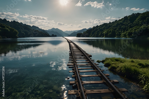 Train railway on the lake with beautiful landscape