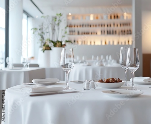 lgant rstaurant with prfctly arrangd whit tabl sttings.